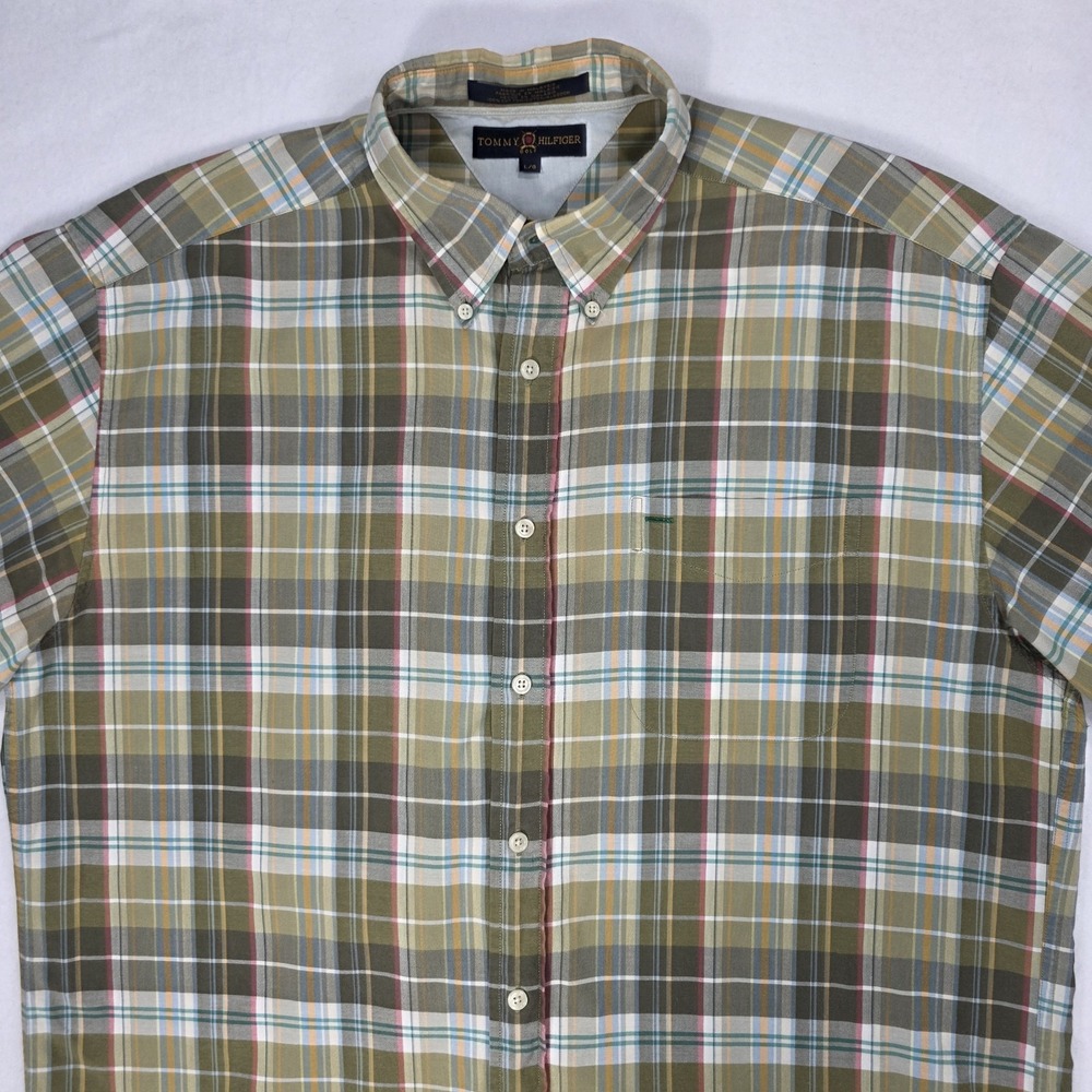 Vintage Tommy Hilfiger Golf Button Front Shirt Mens Large Green Brown Plaid Y2K